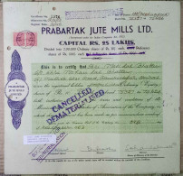 INDIA 1963 PRABARTAK JUTE MILLS LIMITED, JUTE INDUSTRY.....SHARE CERTIFICATE - Industrie