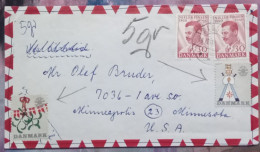 DENMARK 1961, COVER USED TO USA,  2 DIFFERENT VIGNETTE LABEL, 2 STAMP NIELS-R-FINSEN,  RISSKOV CITY CANCEL - Andere & Zonder Classificatie