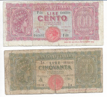 49408) 2 BANCONOTE  50 E 100 Lire ITALIA Turrita 1944 - 100 Lire