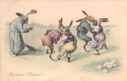 Animaux Habillés - Joyeuses Paques - Lapins A Un Bal Champetre Et Jouant De La Harpe - Vienne - Carte Postale Ancienne - Animales Vestidos