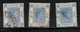 HONG KONG  Scott # 161B Used X 3 - KGVI - Oblitérés
