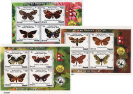 Nepal 2014 Butterflies Moths Of Nepal Set Of 12 Stamps In 3 Block's Mint - Népal