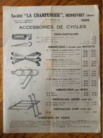 Menneret 1929 - Tarif De La Société "La Champenoise" - Accessoires De Cycles, Vélo - Sports & Tourisme