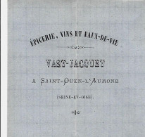 1876  ENTETE EAU DE VIE VINS Vast Jacquet St Ouen L’Aumone Seine Et Oise Pour Chambron Bassou Yonne ACHAT DE VIN V.SCANS - 1800 – 1899