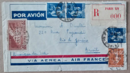 FRANCE 1937, REGISTER COVER, USED TO BRAZIL, 5 STAMP, AIR-FRANCE, PARIS & 2 DIFFERENT BRAZIL CITY CANCEL - 1932-39 Paz