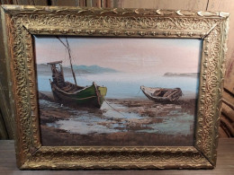 Tableau Ancien Marine Barques Bord De Mer - Huiles