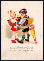 G0398 - Schaberschul ?? Glückwunschkarte Schulanfang - Kinder Zuckertüte  - Horst Kreisel Verlag DDR Grafik - Primero Día De Escuela