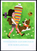 G4962 - TOP Schallnau Glückwunschkarte Schulanfang - Mädchen Hund Dog Zuckertüte - Planet Verlag DDR Grafik - Einschulung