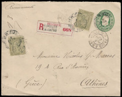 1893 BELGIUM UPRATED 10c REGISTERED PS ENV (H&G#2). TO ATHENS, GREECE. RARE - Sobres