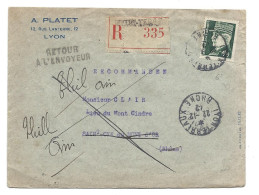 Enveloppe En-tête PLATET LYON 12 RUE LANTERNE - Recommandée 1942 - 1941-42 Pétain