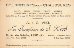 Paris 5ème * Fournitures Pour Chaussures A. & G. VIEL Successeurs De S. KORB 22 Av Gobelins * Carte De Visite Ancienne - Distrito: 05