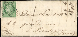Obl. 2 - 15c. Vert, Obl. étoile S/lettre Manuscrite De 1852 à Destination De BOULOGNE - SEINE. Taxée 1. Arrivée Le 11 Av - 1849-1850 Cérès