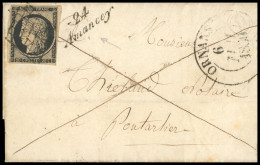 Obl. 3 - 20c. Noir S/jaune Obl. Grille S/lettre Frappée Du CàD (Type 13) D'ORNANS Du 6 Mai 1850 à Destination De PONTARL - 1849-1850 Cérès