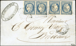Obl. 4 X 4 - 2 Paires Du 25c. Bleu, Obl. PC 2047 S/lettre Frappée Du CàD De MONT DE MARSAN à Destination De BORDEAUX. Ar - 1849-1850 Ceres