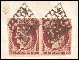 Obl. 6B - 1F. Carmin-brun. Paire Obl. Grille Rouge S/fragment. TB. RR. - 1849-1850 Cérès