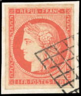 Obl. 7 - 1F. Vermillon. Faux. Obl. Grille S/petit Fragment. - 1849-1850 Cérès