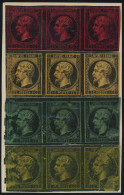 (*) 11 - Essai En Bande De3 S/papier Baudruche Du 1c. En Rouge S/noir, En Jaune S/noir, En Vert S/noir Et En Gris-jaune  - 1853-1860 Napoléon III