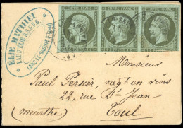 Obl. 11 - 1c. Olive. Bande De 3 (2 Timbre Def.) Obl. S/lettre Frappée Du CàD Du 14 Juin 1861 à Destination De TOUL - MEU - 1853-1860 Napoléon III