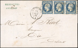 Obl. 14Ab - 20c. Bleu Très Foncé (proche Du Bleu Noir), Bande De 3 Obl. Perforée Du Piquage SUSSE S/lettre Frappée Du Cà - 1853-1860 Napoléon III