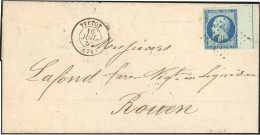 Obl. 14Ad - 20c. Bleu S/vert, Bord De Feuille Avec Filet D'encadrement, Obl. S/lettre Portant Le CàD D'YVETOT Du 16 Juil - 1853-1860 Napoléon III