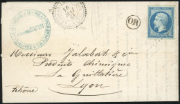 Obl. 14Ba - 20c. Bleu S/vert, Obl. PC 3064 S/lettre Frappée Du Cachet Perlé De BRASSAC-LES-MINES Du 16 Mai 1861 à Destin - 1853-1860 Napoleon III