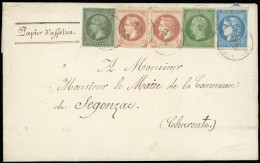 Obl. 19+ 20 + 26x2 - + 46. 1c. Olive + 5c. Vert + 2c. Brun-rouge X 2 + 20c. Bleu Obl. S/Papier D'affaires à Destination  - 1862 Napoléon III