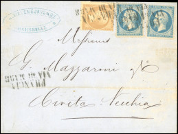 Obl. 21+ 22 - 10c. Bistre + 20c. Bleu X 2 Obl. Griffe FRANCIA VIA DI MARE S/lettre Manuscrite De MARSEILLE Du 1er Octobr - 1862 Napoleon III