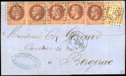 Obl. 21+ 26 - 10c. Bistre + 2c. Rouge-brun, Nuance Très Foncée X 5, Obl. GC 2032 S/lettre Frappée Du CàD De LIBOURNE 1er - 1862 Napoleon III