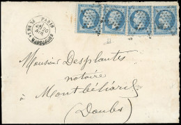 Obl. 22x 4 - 20c. Bleu X 4 Obl. étoile De Paris S/lettre Frappée Du CàD De PARIS - PL. DE LA MADELEINE Du 20 Novembre 18 - 1862 Napoleon III