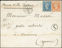 Obl. 22+ 23 - 20c. Bleu + 40c. Orange Obl. ''J'' S/lettre Chargée à 200 Francs, Frappée Du CàD De PARIS (60) Du 8 Juille - 1862 Napoleon III