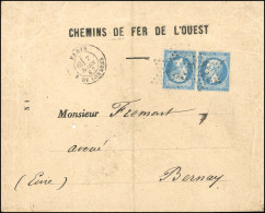 Obl. 22b - Paire Tête-Bêche Du 20c. Bleu, Obl. étoile 18 S/lettre à En-tête Des Chemins De Fer De L'Ouest Frappée Du CàD - 1862 Napoléon III.