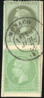 Obl. 25+ 35 - 1c. Vert-bronze + 5c. Vert Pâle. S/petit Fragment Obl. Centrale Du CàD De MONACO. SUP. - 1863-1870 Napoleon III Gelauwerd
