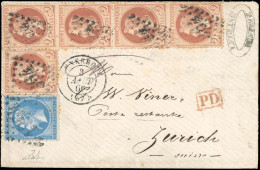 Obl. 26A + 22 - 2c. Rouge-brun X 5 + 20c. Bleu Obl. GC 364 S/lettre Frappée Du CàD De DUNKERQUE Du 3 Août 1866 à Destina - 1863-1870 Napoléon III Con Laureles