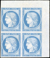 * 37f - 20c. Bleu. Bloc De 4. Coin De Feuille. Réimpression Granet. Charnière Légère S/paire Supérieure. SUP. - 1870 Asedio De Paris