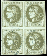 Obl. 39A - Bloc De 4 Du 1c. Olive. Obl. GC 3351 En Bleu. Variété D'impression Sur Le 2ème Timbre. TB. - 1870 Emisión De Bordeaux