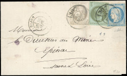 Obl. 41B+25+37 - 4c. Bordeaux + 1c. Lauré + 20c. Siège S/lettre Obl. Frappée Du CàD De DIJON De 30 Septembre 1871 à Dest - 1870 Emission De Bordeaux