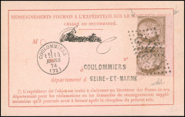 Obl. 58 - 10c. Brun S/rose, Piquage à Cheval Très Décentré,  Obl. GC 1172 S/ Bulletin Rose Frappé Du CàD De COULOMMIERS  - 1871-1875 Cérès