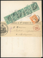 Obl. 64x 5 + 38 - Bande De 5 Du 5c. Vert + 40c. Siège Obl. S/Convocation Recommandée Du Tribunal De Mostaganem Frappée D - 1876-1878 Sage (Typ I)