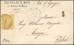 Obl. 92 - 25c. Bistre S/jaune Obl. S/lettre Frappée Du CàD De PARIS Du 4 Janvier 1883 à Destination De TANGER - RABAT -  - 1876-1878 Sage (Type I)