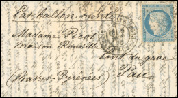 Obl. 37 - LE DAGUERRE. 20c. Siège Obl. S/lettre Frappée Du CàD De PARIS - R. DE LA CHAPELLE Du 9 Novembre 1870 à Destina - Guerre De 1870