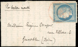 Obl. 37 - LE TOURVILLE. 20c. Siège Obl. S/lettre Frappée Du CàD De PARIS SC Du 27 Décembre 1870 à Destination De GRENOBL - War 1870