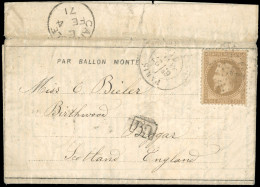 Obl. 30 - LE GENERAL CAMBRONNE. 30c. Lauré Obl. S/Dépêche Ballon N°25 Frappée Du CàD Du 27 Janvier 1871 à Destination De - Krieg 1870