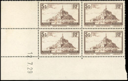 ** 260a - 5F. Mont Saint-Michel Brun. Bloc De 4. Coin De Feuille Intégral Daté Du 12.7.29. SUP. - Other & Unclassified