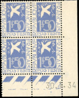 ** 294 - 1F.50 Bleu. Colombe. Bloc De 4 Avec CdeF. Daté Du 30.1.34. SUP. - Otros & Sin Clasificación