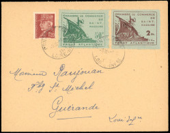 Obl. 8 + 9 - 50F. + 2F. St-Nazaire Obl. S/lettre Frappée Du CàD De PONTCHATEAU à Destination De GUERANDE. TB. - War Stamps