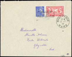 Obl. 244 + 407 - 90c. Rouge + 10c. Bleu Surcharge DUNKERQUE Obl. S/lettre Frappée Du CàD De DUNKERQUE Du 12 Juillet 1940 - Oorlogszegels