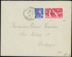 Obl. 326 + 407 - 10c. Bleu + 90c. Rouge Surcharge DUNKERQUE Obl. S/lettre Frappée Du CàD De GHYVELDE Du 21 Juillet 1940  - War Stamps