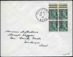Obl. 411 - 25c. Mercure Vert. Bloc De 4. Cachet De Dunkerque S/lettre Envoyée De GHYVELDE. TB. - War Stamps