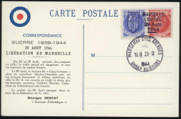 Obl. MARSEILLE LIBEREE. 30c. Rouge + 40c. Bleu Obl. Du 29 Août 1944 S/carte Postale. TB. - Liberation