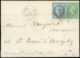 Obl. 12 - Divers. 20c. Bleu (déf.) + France N°35, 5c. Vert Obl. GC 2488 S/lettre Frappée Du CàD De PARIS-MONTMARTRE Du 7 - Autres & Non Classés